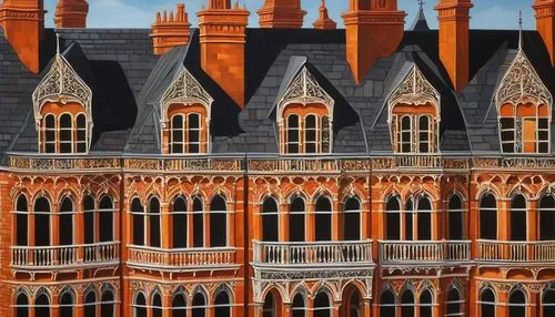 london buildings,pancras,row of windows,dolls houses,marylebone,bloomsbury,victoriana,tenements,fulham,westminster palace,red bricks,crenellations,dormers,folgate,almshouses,roof tiles,terbrugge,knightsbridge,turrets,poundbury,Illustration,Abstract Fantasy,Abstract Fantasy 12