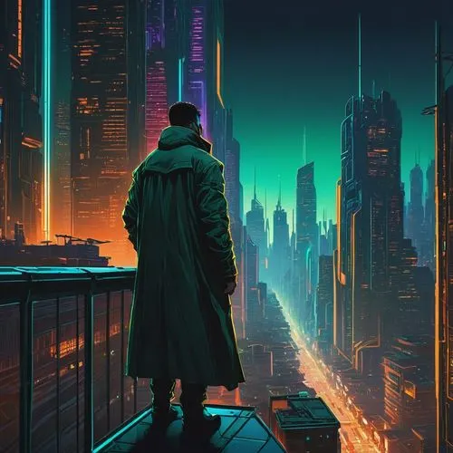 cyberpunk,bladerunner,cityscape,deckard,neuromancer,cybercity,Illustration,Realistic Fantasy,Realistic Fantasy 25