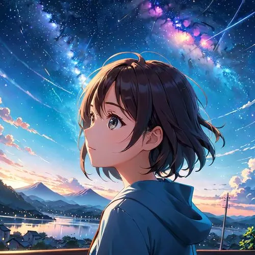 kumiko,night sky,sky,hikari,starry sky,suzumiya,megumi,dusk background,star sky,kyowa,haruka,nightsky,the night sky,niijima,tanabata,takanashi,akane,looking up,kyon,railgun,Anime,Anime,Realistic