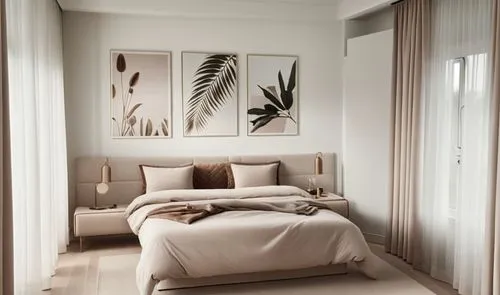 there is a large bed with linens on it,guest room,bedroom,bamboo curtain,chambre,headboards,contemporary decor,Photography,General,Realistic