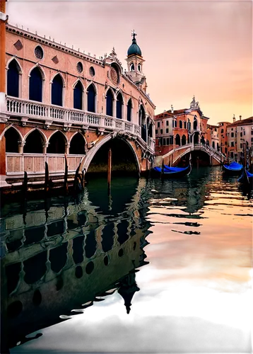 Venetian architecture, grand canal, Baroque style, ornate bridges, water reflections, gondola, Rialto Bridge, San Marco Square, Byzantine mosaics, golden domes, warm sunset lighting, low-angle shot, c