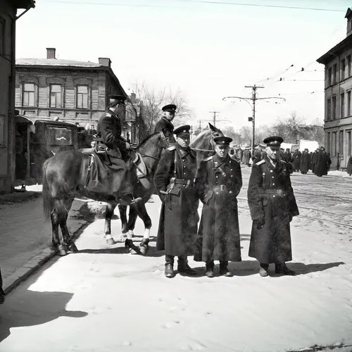 the city of the USSR in the 1930s,mounted police,polish police,horse-drawn vehicle,horse-drawn carriage,cavalry,officers,auschwitz i,vintage photo,konik,wernigerode,pickelhaube,horse-drawn,bremen town