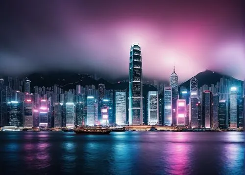 Hong Kong architecture, skyscraper, modern, urban landscape, International Commerce Centre (ICC), Victoria Harbour, financial district, steel and glass structure, angular lines, neon lights, vibrant n