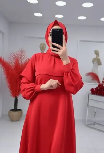 3d fashion drawing for Muslim hejab long maxi red dress with pelisse and many plated on the sleeves.with plated on sleeves the dress with pelisse  and plated with shoes with red style with pilesee and