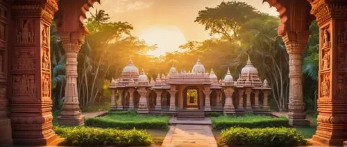 Majestic Chatra architecture, ancient Indian temple style, intricate carvings, ornate pillars, grand entrance gate, vibrant colorful frescoes, Hindu mythological sculptures, lush greenery surrounding,