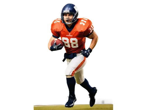 American football player, muscular man, athletic build, helmet, shoulder pads, football uniform, holding ball, running, jumping, dynamic pose, intense facial expression, stadium background blurred, so