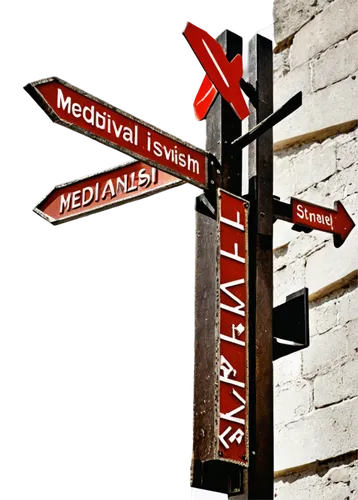 Signpost, street signs, urban scene, vertical format, rectangular shape, metal material, rusty texture, bold font, white background, red letters, arrow directions, 3D composition, dramatic lighting, s