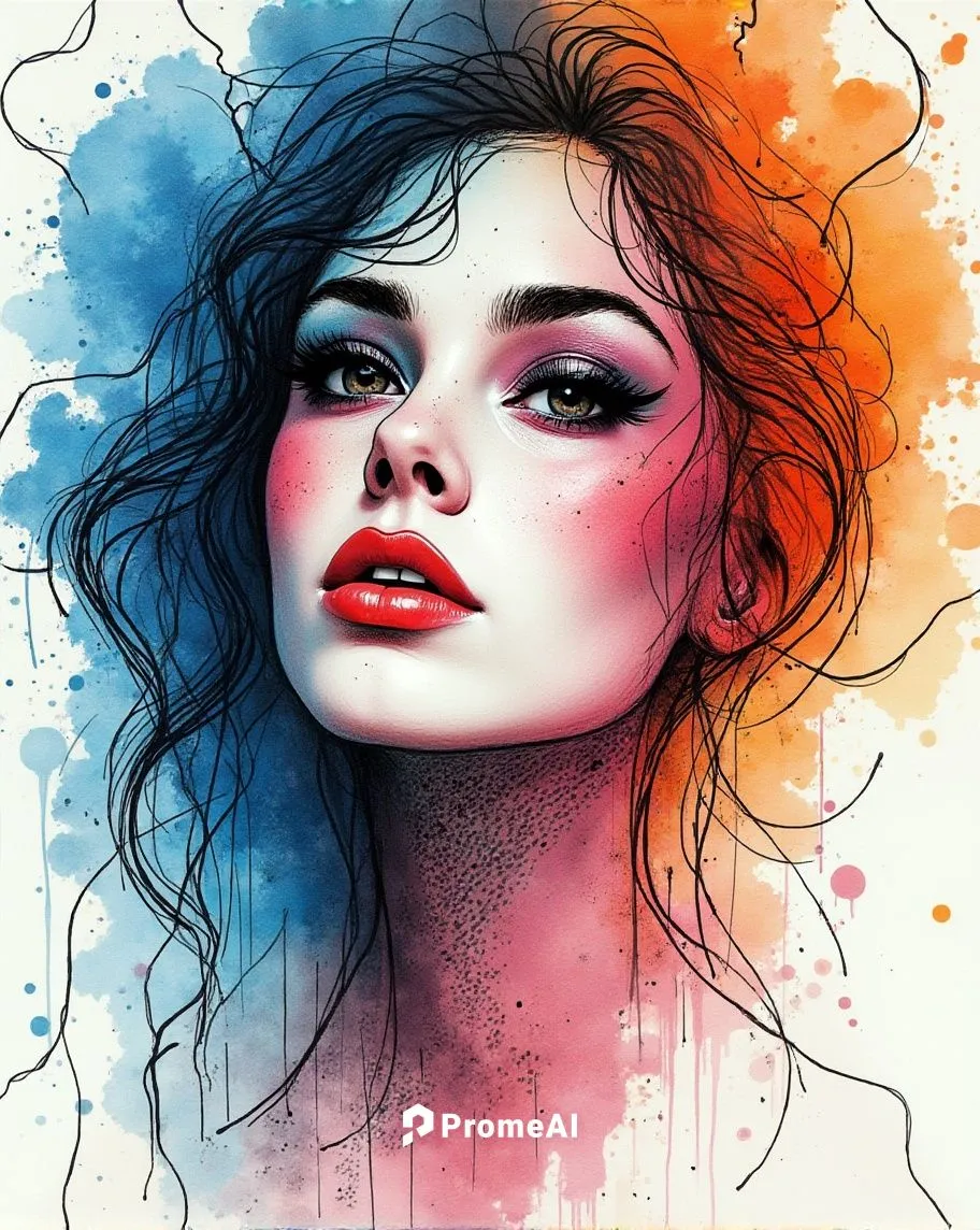 Create a fusion art portrait that combines a female face with vibrant watercolor splashes and bold ink lines. The face should exhibit expressive features, with a thoughtful or introspective gaze. Use 