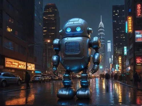 Futuristic potato robot, shiny metallic body, glowing blue eyes, thin silver limbs, rounded shape, intricate circuitry details, standing, cityscape background, neon lights, skyscrapers, bustling stree