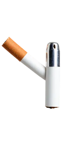 Cigarette, realistic texture, smooth surface, silver filter tip, white paper tube, brown tobacco, 3/4 composition, shallow depth of field, soft focus, warm lighting, isolated on transparent background