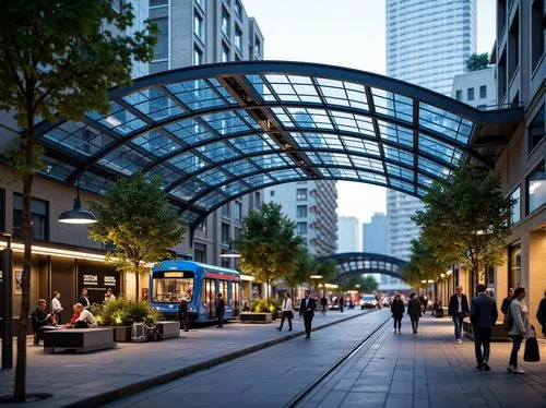 Futuristic tram station, curved glass canopy, sleek metal framework, vibrant LED lighting, dynamic angular lines, modern minimalist architecture, sustainable energy harvesting systems, solar panels, g