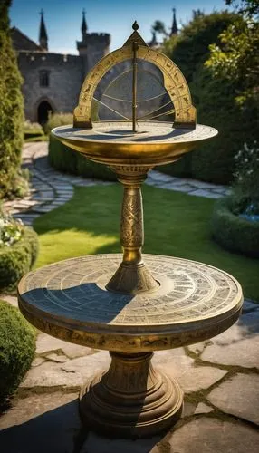 sundial,armillary sphere,sun dial,decorative fountains,stone fountain,maximilian fountain,mobile sundial,floor fountain,golden candlestick,fountain lawn,moor fountain,trerice in cornwall,spa water fountain,fountain,august fountain,golden pot,garden of the fountain,old fountain,stone lamp,fountain head,Photography,General,Realistic