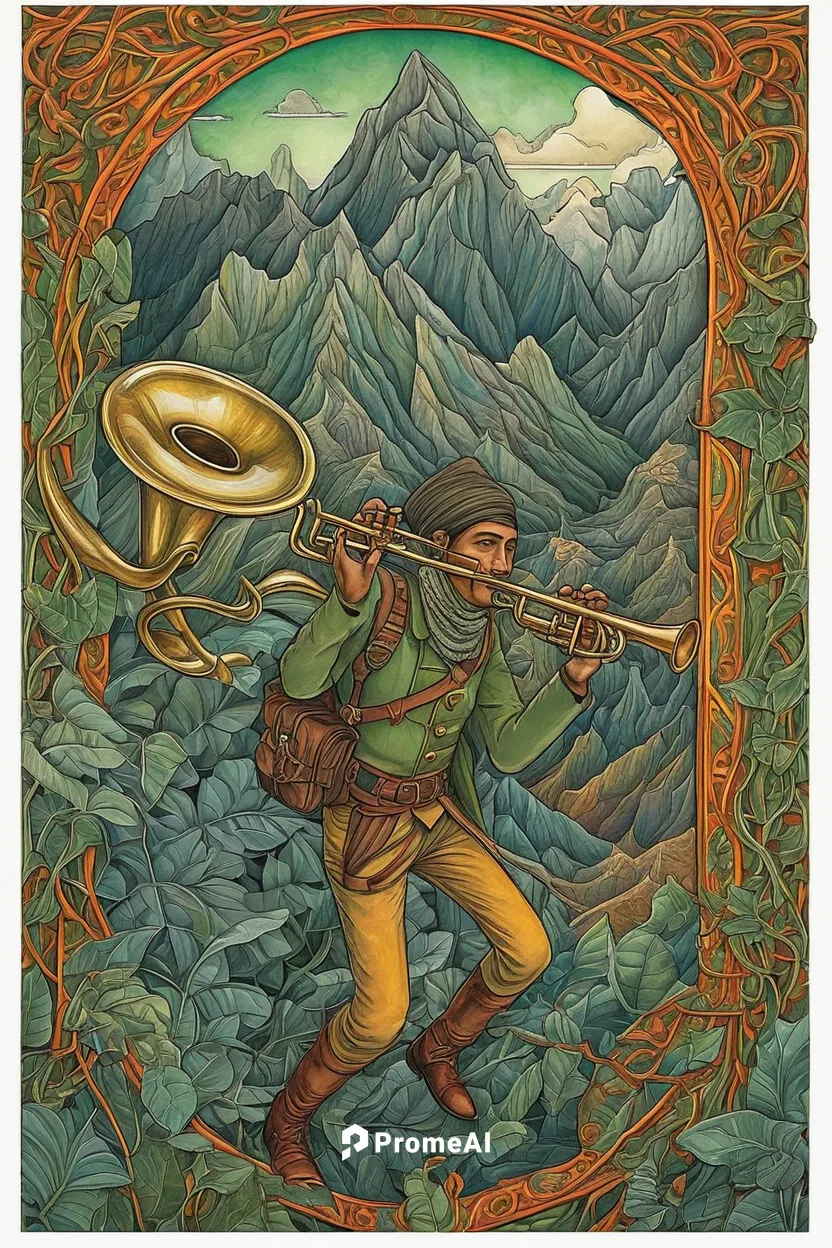 Write a thrilling story involving a trumpet climber who embarks on a dangerous expedition.,bodhrán,khokhloma painting,mountain guide,the spirit of the mountains,the wanderer,ranger,pilgrim,trumpet cli