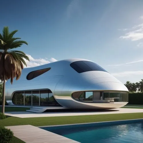 Build a very beautiful space shuttle style house, shiny stainless steel surface, glass, impressive, set in the middle of a beautiful garden, professional realistic image.lighting,dunes house,futuristi