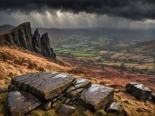 sharp focus, a realistic bleak image of a gritstone edge in northern England on a stormy day, landscape, rain, dark clouds, rocks, trees,stone seats with a mountain view behind it under the storm,peak