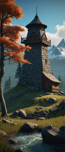 summit castle,autumn mountains,mountain settlement,landscape background,autumn background,autumn idyll,northrend,imperial shores,salt meadow landscape,autumn landscape,autumn scenery,fall landscape,fantasy landscape,mountain scene,witcher,backgrounds,mountain landscape,skyrim,watchtower,background with stones,Illustration,Japanese style,Japanese Style 21