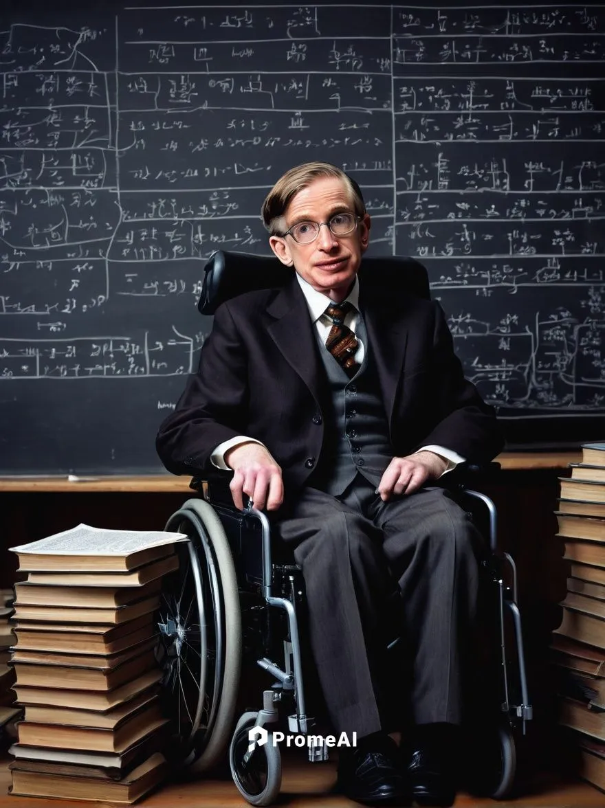 Professor Hawking, wheelchair, majestic beard, glasses, intellectual facial expression, brown suit, white shirt, black tie, Oxford University background, wooden desk, piles of books, chalkboard with c