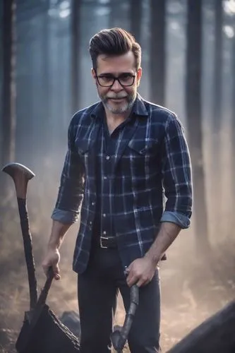 roupa de lenhador, camisa xadrez azul e preto, características másculas e rústicas e um machado na mão,lumberjax,lumberjack,offerman,woodsman,lumberjacks,lumbermen,gmm,woodcutter,lumberman,farmer in t