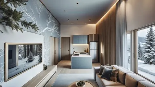 This photo features the living room and small kitchen of a hotel suite located in Puli, Taiwan. 
The design integrates elements of winter, Switzerland, and the tranquil atmosphere of the mountains, 
e