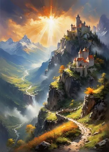 mountain settlement,fantasy landscape,gondolin,mountain village,erebor,mountain landscape,mountain scene,alpine village,tirith,mountain sunrise,alpine landscape,nargothrond,fantasy picture,seregil,beleriand,house in mountains,mountainous landscape,meteora,summit castle,world digital painting,Conceptual Art,Oil color,Oil Color 03