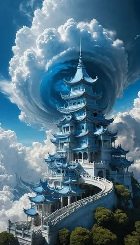 asian architecture,yamatai,hokusai,futuristic landscape,yashima,cloud towers,pagodas,kumo,world digital painting,sky space concept,imagawa,skyflower,kujira,jinchuan,huanghua,fantasy picture,tianxia,jonidan,cloudmont,okami,Conceptual Art,Fantasy,Fantasy 11