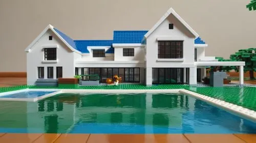 SP+A style architecture, grass and pool Rendered in style of lego,pool house,voxel,house with lake,model house,lego pastel,house by the water,lego background,holiday villa,3d rendering,mid century hou