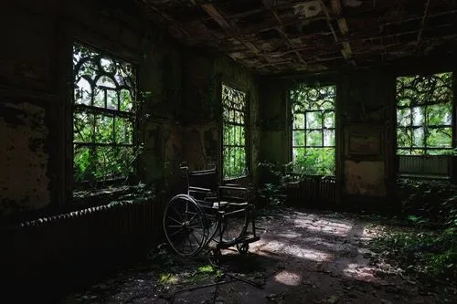 Abandoned asylum, crumbling walls, broken windows, rusty iron gates, overgrown vines, dark corridors, flickering fluorescent lights, eerie silence, worn-out nurse's station, old wheelchairs, mysteriou