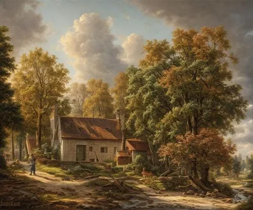 Painting in the style of Andreas Schelfhout,rural landscape,autumn landscape,dutch landscape,achenbach,village scene,home landscape,eckersberg,farm landscape,agricultural scene,church painting,sedlace