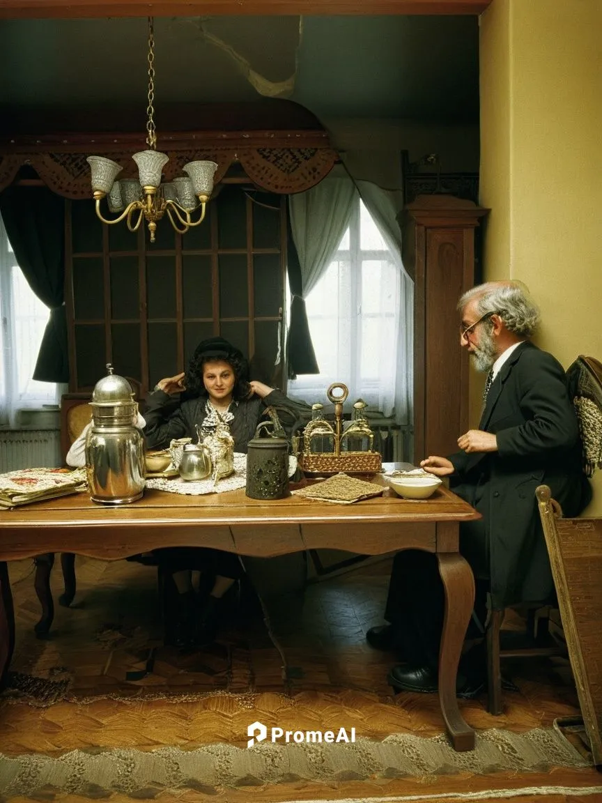 View into the upper-class apartment of a German Jew.,three people are sitting around a large dining table,parajanov,pawlowicz,kirkorov,dining table,raconteurs,sokurov,Photography,Documentary Photograp