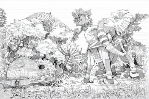 elephant line art,pencils,elephant camp,garden work,work in the garden,pencil art,coppiced,coppice,hand-drawn illustration,pencil and paper,cartoon elephants,elephants,straw hut,coloring page,landscap