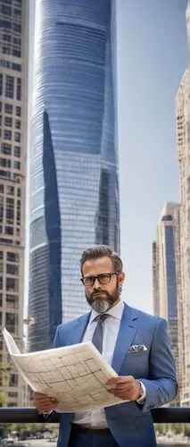 Middle-aged architect, standing, confident pose, wearing black-framed glasses, short brown hair, trimmed beard, white shirt, dark blue suit, tie with subtle patterns, holding a rolled-up blueprint, ur