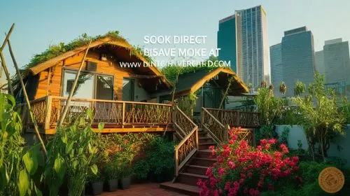 In the heart of the city, a rooftop garden filled with lush greenery and vibrant blooms stands tall. The skyscrapers of the garden are adorned with sleek glass facades, and the neon lights of the buil