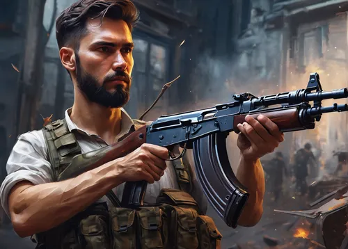 m4a1 carbine,m4a4,m4a1,submachine gun,kalashnikov,game illustration,man holding gun and light,gunsmith,game art,assault rifle,mercenary,cuba background,cg artwork,kefir,rifle,carbine,world digital painting,ivan-tea,holding a gun,combat medic,Illustration,Paper based,Paper Based 04