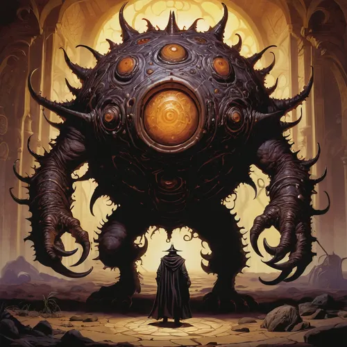 argus,testament,cog,hinnom,horn of amaltheia,gear shaper,hall of the fallen,death god,cogs,clockmaker,cogwheel,game illustration,end-of-admoria,steampunk gears,portal,three eyed monster,sci fiction illustration,heroic fantasy,giant schirmling,orb,Illustration,American Style,American Style 08