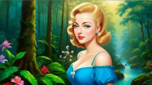 Romantic masterpiece oil painting, cute girl portrait, nostalgic 1950's style kitsch, beautiful exotic landscape, lush tropical rainforest scenery, by Thomas Kinkade, by Bob Ross, high res,the blonde 