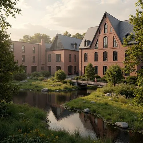 Industrial heritage site, restored factory buildings, Gothic Revival architecture, pointed arch windows, ribbed vaults, flying buttresses, weathered brick facades, lush green roofs, wildflower meadows