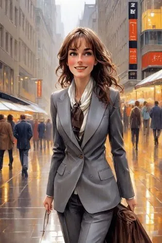 sprint woman,woman walking,bussiness woman,businesswoman,white-collar worker,woman in menswear,business woman,a pedestrian,wall street,stock exchange broker,pedestrian,stock broker,business girl,businessperson,woman holding a smartphone,oil painting on canvas,photoshop manipulation,world digital painting,city ​​portrait,animated cartoon,Digital Art,Comic