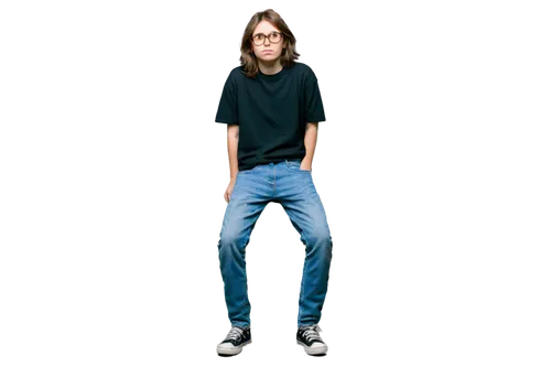 Droopy, sad eyes, black thick-rimmed glasses, messy brown hair, pale skin, skinny chest, worn-out jeans, ripped knees, black sneakers, slouching posture, hands in pockets, 3/4 composition, soft focus,