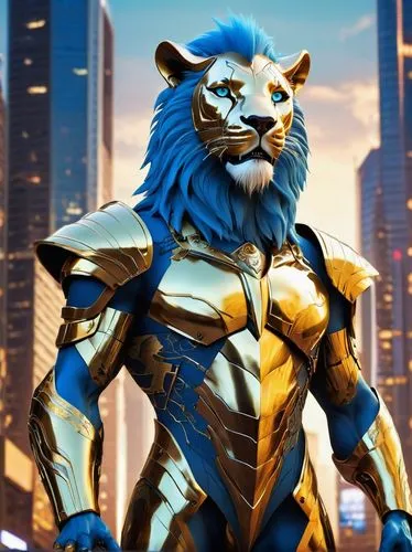 Futuristic therian picture, anthropomorphic lion-like creature, majestic pose, shining golden fur, intricate tattoos on arms and chest, glowing blue eyes, sharp claws, metallic armor pieces, sci-fi fu