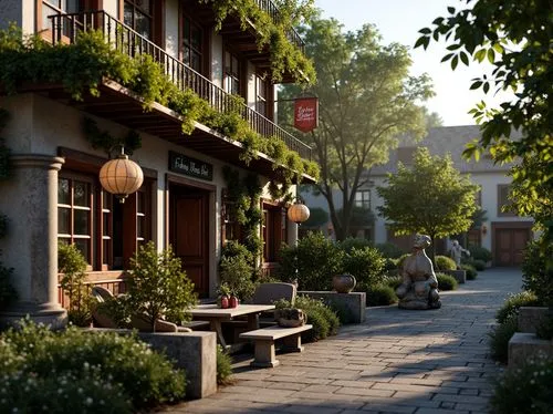 Rustic pub exterior, ornate Baroque-style fa\u00e7ade, lush greenery, overflowing flower boxes, distressed wooden accents, vintage lanterns, meandering stone pathways, natural rock formations, moss-co