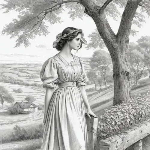 maidservant,woman at the well,laundress,girl with tree,northanger,washerwoman,Illustration,Black and White,Black and White 30