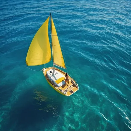 A yellow sailboat and a woman in a bikini floating in the middle of the sea,personal water craft,sea kayak,sailing blue yellow,paraglider inflation of sailing,pineapple boat,sailing-boat,paraglider sa