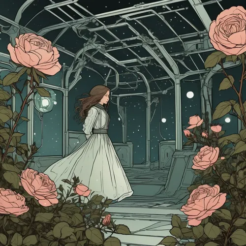 Create a futuristic sci-fi story where wild shrub roses are used for teleportation.,rosebushes,way of the roses,scent of roses,greenhouse,secret garden of venus,rose garden,falling flowers,flower shop