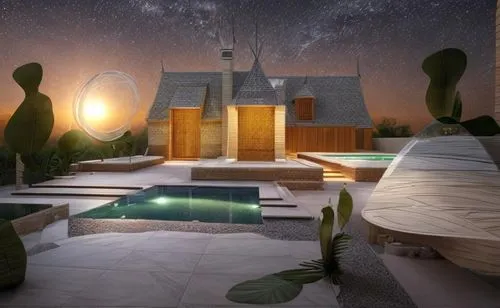 wood garden spotlight glass bricks tiles night view pool  people sunlight,3d rendering,pool house,landscape design sydney,dunes house,holiday villa,landscape designers sydney,roof landscape,garden des