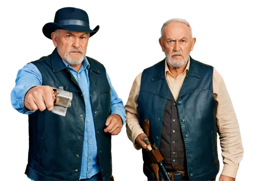 Old grandpa, white beard, wrinkles, angry eyes, black leather hat, worn denim vest, grey shirt, brown pants, holding rifle, wooden grip, metal barrel, standing, powerful stance, strong shoulders, rura