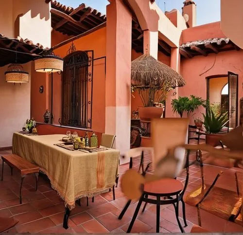 outdoor dining,outdoor table and chairs,spanish tile,patio furniture,patio,outdoor table,terracotta tiles,marrakesh,hacienda,outdoor furniture,tablescape,clay tile,patio heater,courtyard,marrakech,tus