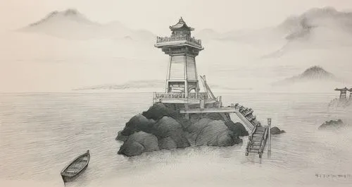 lighthouse,lighthouses,electric lighthouse,phare,dokdo,light house,red lighthouse,sea landscape,an island far away landscape,isole,lavezzi isles,seascape,islet,landscape with sea,charcoal drawing,coastal landscape,floating island,fishing village,halong,jianying,Illustration,Paper based,Paper Based 30