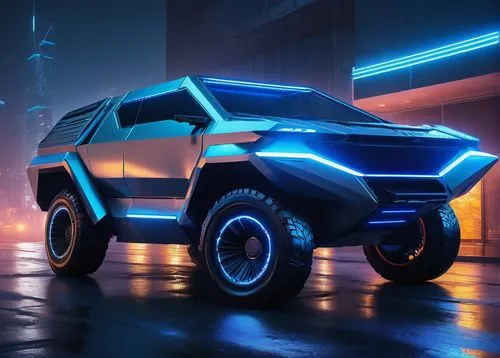 Futuristic Cybertruck, modern architecture, stainless steel body, triangular shape, aggressive lines, neon lights, glowing blue accents, sleek wheels, metallic finish, urban cityscape, night scene, mi