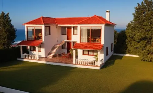 imagen realista, con el techo rojo, que sea las 12 del medio dia , alrededor vejetacion, techo color rojo es muy importante que el techo sea color rojo,miniature house,model house,3d rendering,deckhou