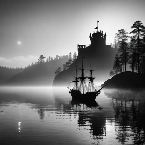 ghost ship,sailing ship,sea sailing ship,pirate ship,sail ship,sailing ships,tallship,viking ship,old ship,fantasy picture,ferryman,boat landscape,shalott,sailing boat,aground,myst,sailing,old ships,sunken ship,schoolship,Illustration,Black and White,Black and White 33